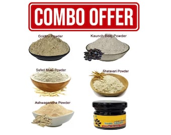 Ashwagandha 25gm, Shatavari 25gm, Safed Musli 25gm, Kaunch Beej 25gm, Gokhru 25gm Powder With 15 Gm Liquid Shilajit (Combo Pack)