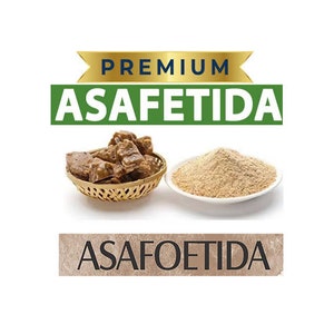 May include: A close-up of two bowls, one containing brown, irregularly shaped pieces of asafoetida resin and the other containing a light brown powder. The text "PREMIUM ASAFETIDA" is displayed above the bowls, and the text "ASAFOETIDA" is displayed below the bowls.