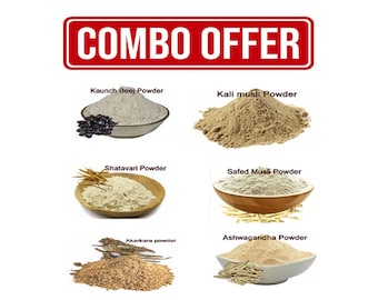 Ashwagandha, Shatavari, Safed Musli, Kaunch Beej, Black Musli, Akarkara w proszku 600 g Pakiet Combo po 100 Gm każdy