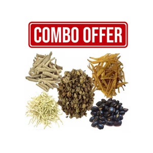 May include: A collection of various dried herbs and beans, including long, thin, light-colored roots, dark beans, and other dried plant matter. The image has a red rectangle at the top with the words "COMBO OFFER" in white.