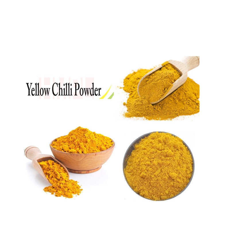 May include: Yellow chili powder in a wooden bowl and spoon. The powder is a bright yellow color and is piled high in the bowl and spoon.