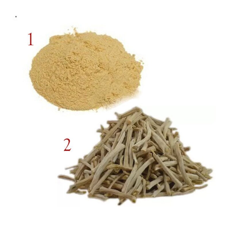 May include: Two items, labeled 1 and 2, are shown. Item 1 is a pile of light yellow powder. Item 2 is a pile of dried, light brown, thin, fibrous plant material.