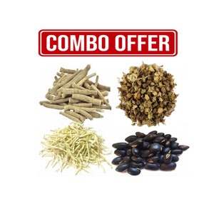 May include: A combo offer featuring four different types of dried herbs and roots. The herbs are arranged in four piles on a white background. The text "COMBO OFFER" is displayed in red letters on a white background.