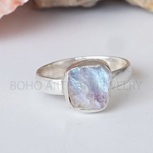 Raw Rainbow Moonstone Moonstone Ring, Crystal Stone Silver Jewelry, Rhodium over Silver, Blue Fire Moonstone, July Birthstone, Gift For Her.