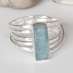 Raw Aquamarine Spiral Ring, Natural Bar Ring, Sterling Silver Jewelry, Aquamarine Ring, March Birthstone, Crystal Ring, Gift For Women