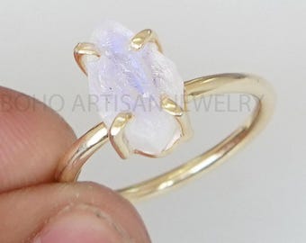Raw Moonstone Gold Ring, 14K Gold Plated Ring, Handmade Ring, Blue Fire Moonstone, Rough Stone Jewelry, July Birthstone, Gift For Women