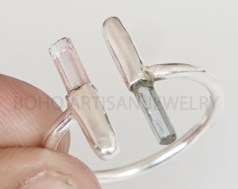 Raw Aquamarine Pink Tourmaline Ring, Pencil Bar Ring, 925 Silver Ring, Two Stick Adjustable Ring, March Birthstone Jewelry, Raw Crystal Ring