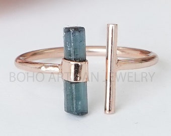 Raw Indicolite Tourmaline Bar Ring, Long Bar Pencil Ring, Adjustable Ring, 14K Rose Gold Plated Ring, October Birthstone, Raw Crystal Ring