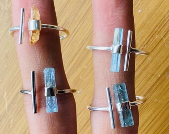 Raw Aquamarine Bar Ring, Adjustable Aqua Silver Stick Ring, March Birthstone Jewelry, Aquamarine Stick, Silver Handmade Ring, Birthday Gift