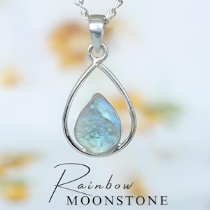 Rainbow Moonstone Necklace, Handmade Crystal Jewelry, 925 Sterling Silver, June Birthstone Gift Raw Moonstone Pendant, Bridesmaid Gifts
