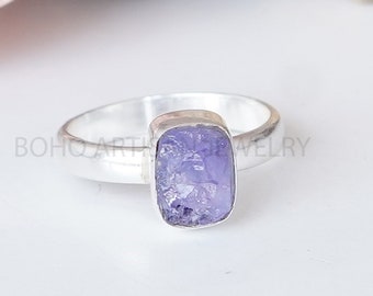 Raw Tanzanite Ring, Tanzanite Crystal Ring, Silver Handmade Jewelry, Boho Ring, Blue Fire Moonstone, Rough Stone Ring, July Birthstone Ring