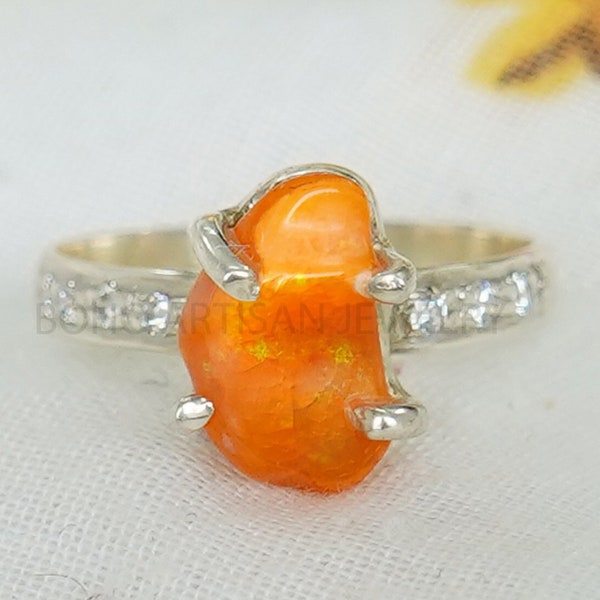 Orange Fire Opal Ring, Mexican Fire Opal Ring, October Birthday Gift, Raw Stone Jewelry, Ring For Women, Engagement Ring - Gift For Her