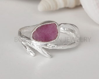 Ruby Branch Ring, Raw Ruby Silver Ring, Wild Nature Jewelry, Ruby Jewelry, Branch Ring, July Birthstone, Dainty Ring, Unique Gift For Her