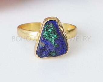 Golden Azurite Malachite Ring, 14K Gold Ring, Azurite Raw Stone Ring with Golden Band, Silver Handmade Ring, Boho Ring, May Birthstone Ring