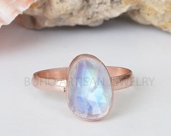 Blue Fire Moonstone Ring, 14K Rose Gold Ring, Handmade Ring, Fancy Shape Cut Stone Ring, Gift For Women, Promise Ring , July Birthstone