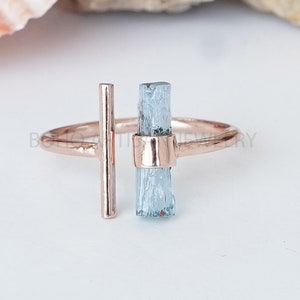 Raw Aquamarine Bar Ring, 14K Rose Gold Ring, Silver Bar Ring, Adjustable Ring, Aquamarine Ring, March Birthstone, Crystal Ring, Gift for Her