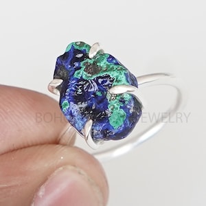 Raw Azurite Ring, Azurite Malachite Stone Ring, Silver Handmade Ring, Malachite Ring, Rough Stone Ring, May Birthstone Ring, Gift For Her.