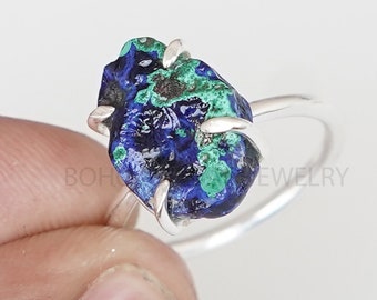 Raw Azurite Ring, Azurite Malachite Stone Ring, Silver Handmade Ring, Malachite Ring, Rough Stone Ring, May Birthstone Ring, Gift For Her.