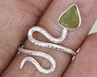 Raw Peridot Snake Band Ring, Silver Handmade Ring, Adjustable Band Ring, Boho Artisan, Rough Stone Jewelry, August Birthstone, Gift For Her