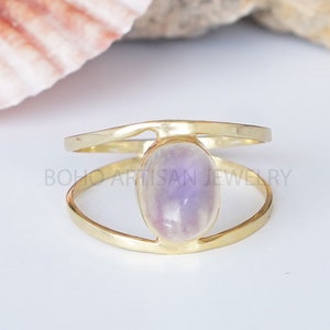 Moonstone Evil Eye Ring, 14K Gold Plated Ring, Blue Fire Stone, Oval Cabochon, 925 Sterling Silver, Two Band Ring, July Birthstone Gift Ring