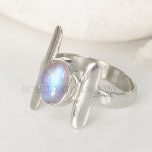 Moonstone Bar Ring, 925 Sterling Silver Ring, Handmade Ring, Blue Fire Moonstone, Rough Stone Jewelry, July Birthstone, Gift For Women