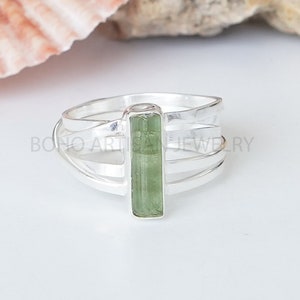 Raw Green Tourmaline Bar Ring, Pencil Stick Ring, Adjustable Tourmaline Stick Ring, October Birthstone, Raw Crystal Ring - Gift for Her
