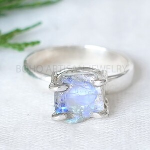 Raw Rainbow Moonstone Ring, Silver Handmade Jewelry,  Blue Fire Moonstone, Boho Ring, Rough Stone Jewelry, July Birthstone, Gift For Women