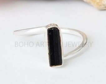 RAW Black Tourmaline Twisted Ring, Long Bar Gemstone Options, Tourmaline Jewelry, Handmade Ring, Natural Rough Stone, Gift For Her