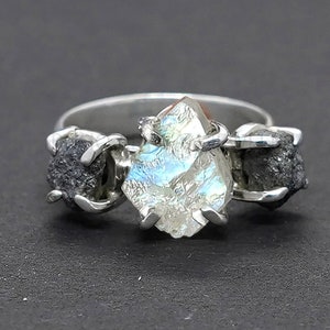Raw Moonstone Diamond Ring, Silver Handmade Ring, Boho Ring, Blue Fire Moonstone, Raw Diamond Ring, July Birthstone - Christmas Gift