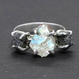 Raw Moonstone Diamond Ring: Handmade 925 Sterling Silver Boho Ring