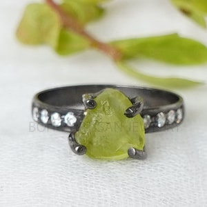 Raw Peridot Ring: Sterling Silver, Black Rhodium & CZ - August Birthstone