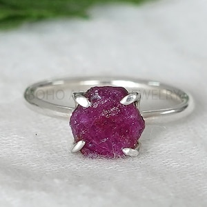 Raw Ruby Ring: Sterling Silver Hexagon, Boho Crystal Jewelry