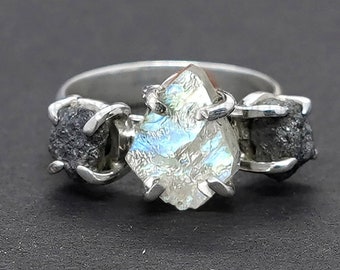 Raw Moonstone Diamond Ring, Silver Handmade Ring, Boho Ring, Blue Fire Moonstone, Raw Diamond Ring, July Birthstone - Christmas Gift