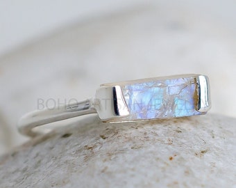 Raw Moonstone Ring, Rectangle Bar Gemstone Ring, Stackable Jewelry, Dainty Bar Ring, Natural Moonstone Ring, June Birthstone, Gift for her