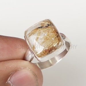 Handmade Golden Rutile Quartz Ring: 925 Sterling Silver Boho Ring