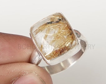 Golden Rutile Quartz Ring, Natural Square Cut Rutile Ring, Rutilated Quartz Cabochon Ring, Handmade Ring, Boho Ring, Birthstone Ring, Gift.