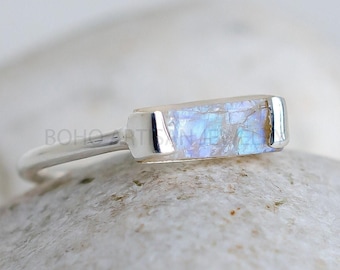 Raw Moonstone Bar Ring, Thin Bar Ring, Stackable Jewelry, Dainty Bar Ring, Natural Moonstone Ring, June Birthstone Jewelry, Gift for her
