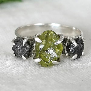 Raw Peridot Diamond Ring: Sterling Silver Three Stone Band