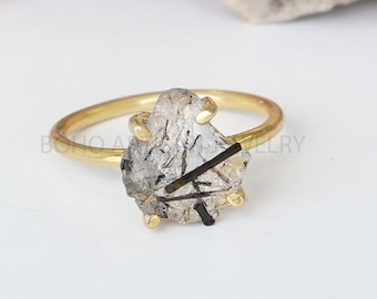 Black Rutile Quartz Ring, 14K Gold Plated Ring, Raw Rutilated Quartz Ring, Terminated Quartz, Handmade Ring, Boho Ring, Birthstone Gift Ring