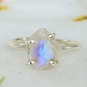 Raw Moonstone Crystal Ring, Silver Handmade Ring, Boho Ring, Blue Fire Moonstone, Rough Stone Jewelry, July Birthstone, Christmas Gift