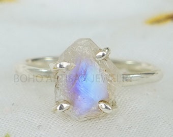 Raw Moonstone Crystal Ring, Silver Handmade Ring, Boho Ring, Blue Fire Moonstone, Rough Stone Jewelry, July Birthstone, Christmas Gift