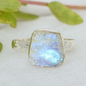 RAW Moonstone Ring, Crystal Stone Silver Jewelry, RHODIUM over Silver, Blue Fire Moonstone, Rough Stone, July Birthstone, Bestseller