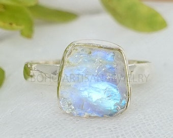 RAW Moonstone Ring, Crystal Stone Silver Jewelry, RHODIUM over Silver, Blue Fire Moonstone, Rough Stone, July Birthstone, Bestseller