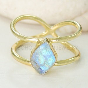14K Gold Plated Ring, Raw Moonstone Crystal Ring, Silver Cross Band Ring, Blue Fire Moonstone, Rough Stone Jewelry, July Birthstone, Gift