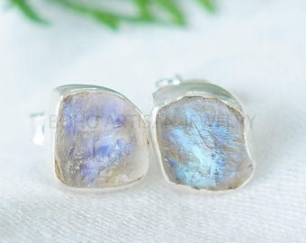 Raw Moonstone Earring, Silver Handmade Earring, Stud Earring, Blue Fire Moonstone, Raw Stone Jewelry, July Birthstone, Gift For Her