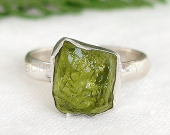 Raw Peridot Sterling Silver Ring: Boho Stacking Band