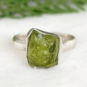 Raw Peridot Sterling Silver Ring: Boho Stacking Band