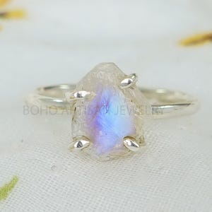 Raw Moonstone Crystal Ring, Silver Handmade Ring, Boho Ring, Blue Fire Moonstone, Rough Stone Jewelry, July Birthstone, Gift For Her