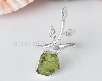 Raw Peridot Floral Ring, Silver Handmade Ring, Adjustable Band, 925 Sterling Silver Ring, Rough Stone, August Birthstone, Gift For Her