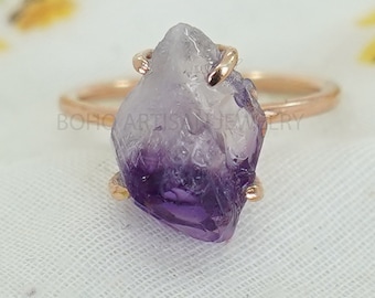 Raw Amethyst Ring: 925 Sterling Silver, Rose Gold Plated, Boho Handmade
